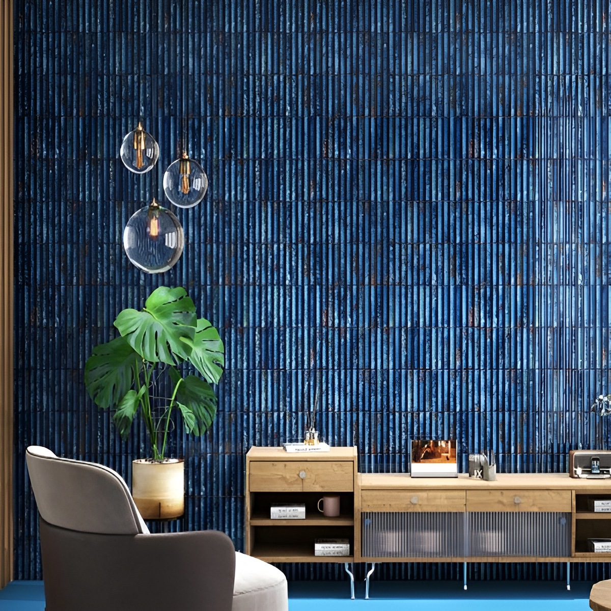 Deep Navy Fluted Subway Living Room Wall Tile