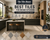 features a modern kitchen with a large island and patterned backsplash, highlighting key benefits like heat and stain resistance. Five tile samples are shown at the bottom: Marble Look, Stone Look, Patterned, Wood Look, and Concrete Look.