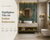 Modern Indian bathroom featuring elegant green highlighter accent wall tiles behind a floating vanity with a round mirror, marble-look wall and floor tiles