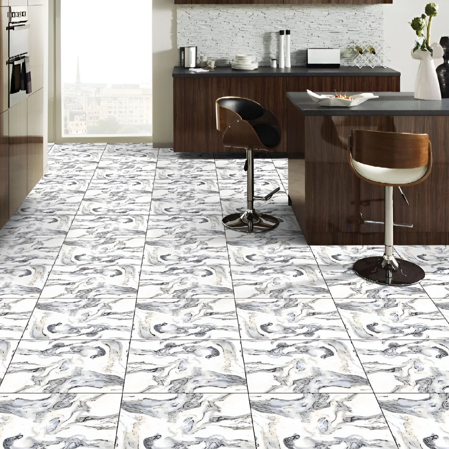 11119 Marble Ceramic Tile 24x24 Inch, featuring classic white marble tones with subtle gray veining, ideal for elegant and durable flooring or wall applications.
