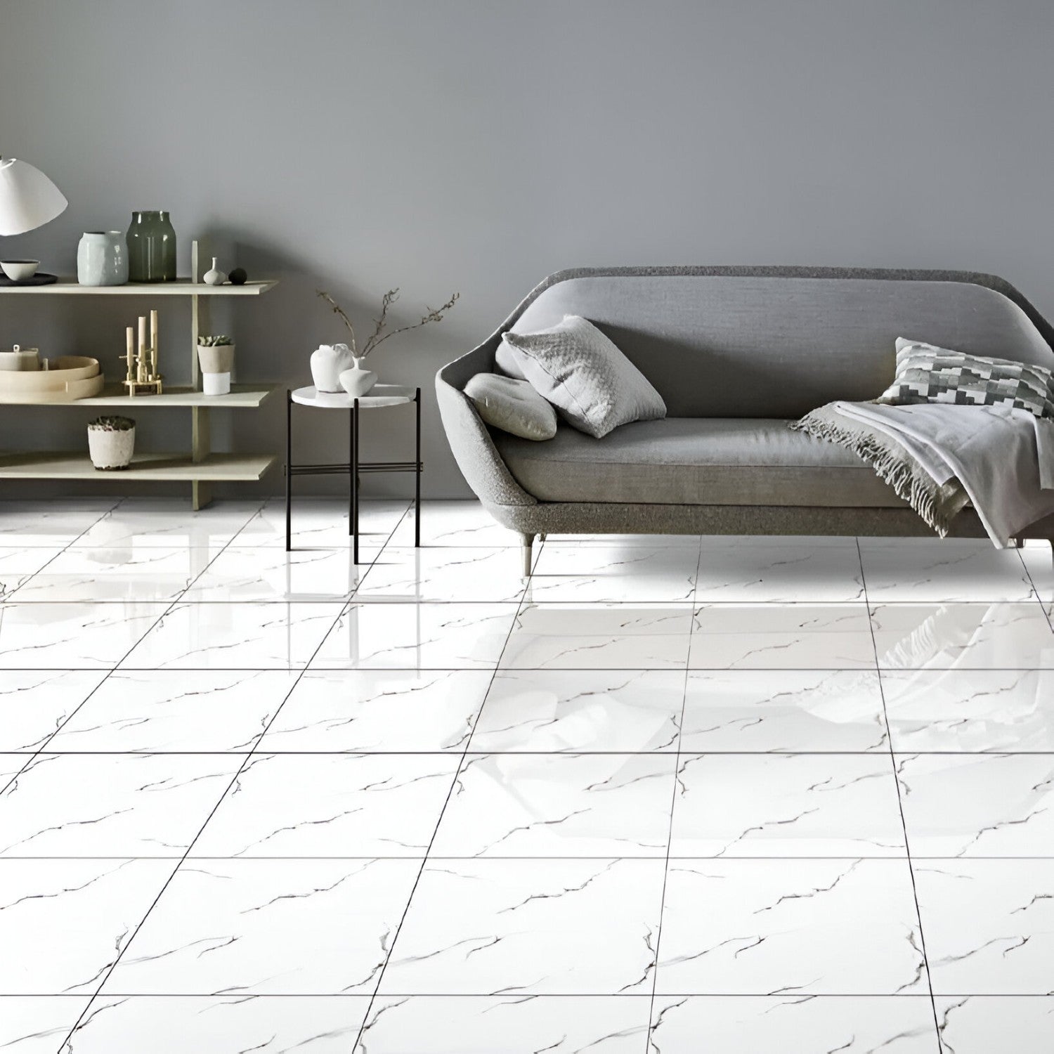 11128 Marble Ceramic Tile 24x24 Inch, featuring elegant white marble patterns with delicate gray veining, perfect for stylish and durable flooring or wall applications.
