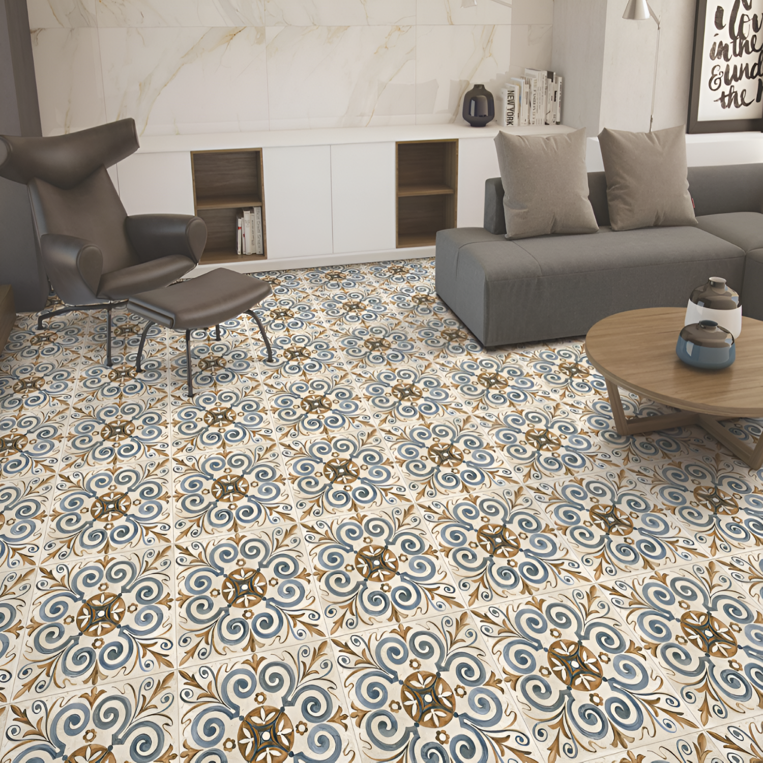 1626 Moroccan Vitrified Tile – 16x16 Inch floor tile with elegant blue and beige scrollwork and floral motifs on a cream background, perfect for decorative and durable flooring.