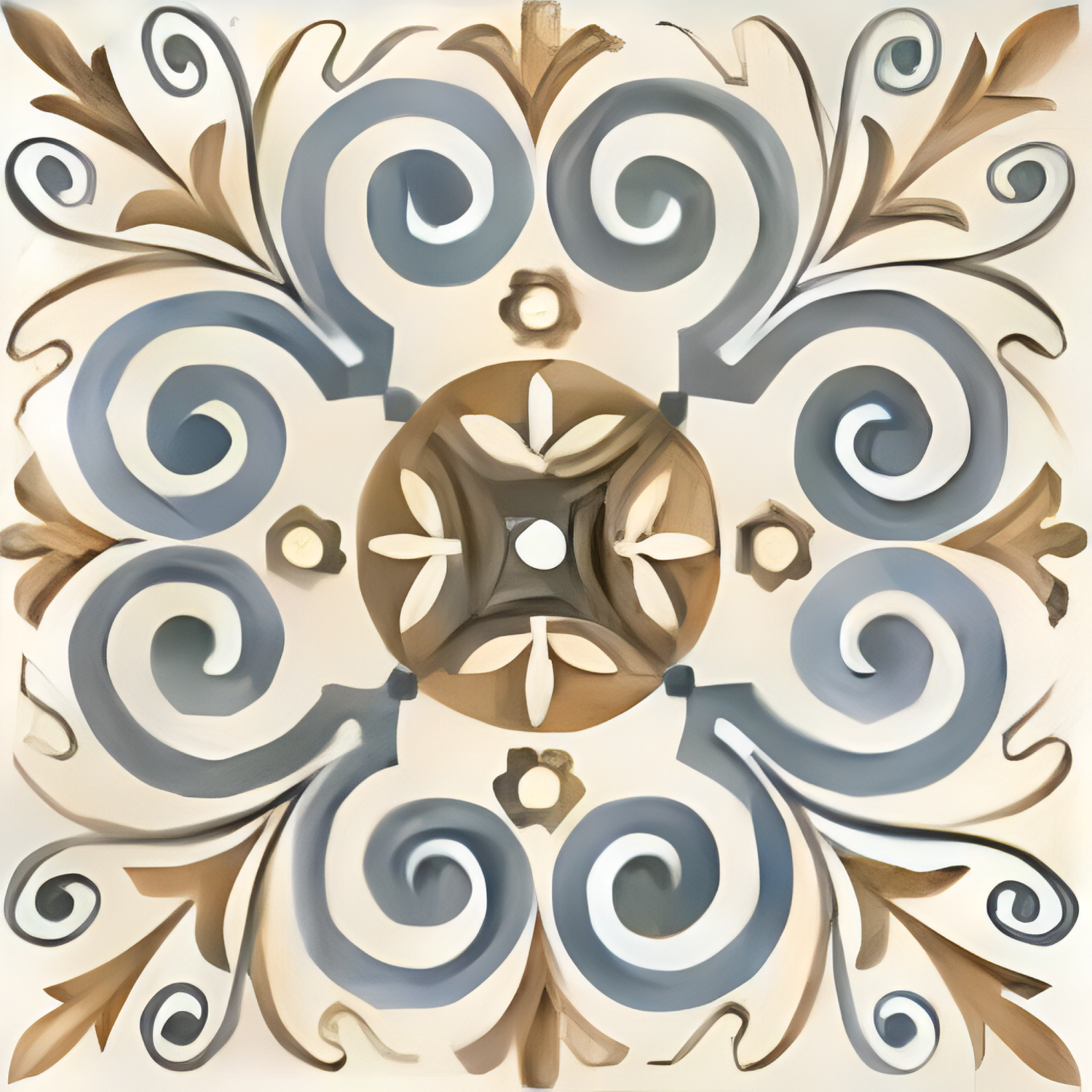 1626 Moroccan Vitrified Tile – 16x16 Inch floor tile with elegant blue and beige scrollwork and floral motifs on a cream background, perfect for decorative and durable flooring.