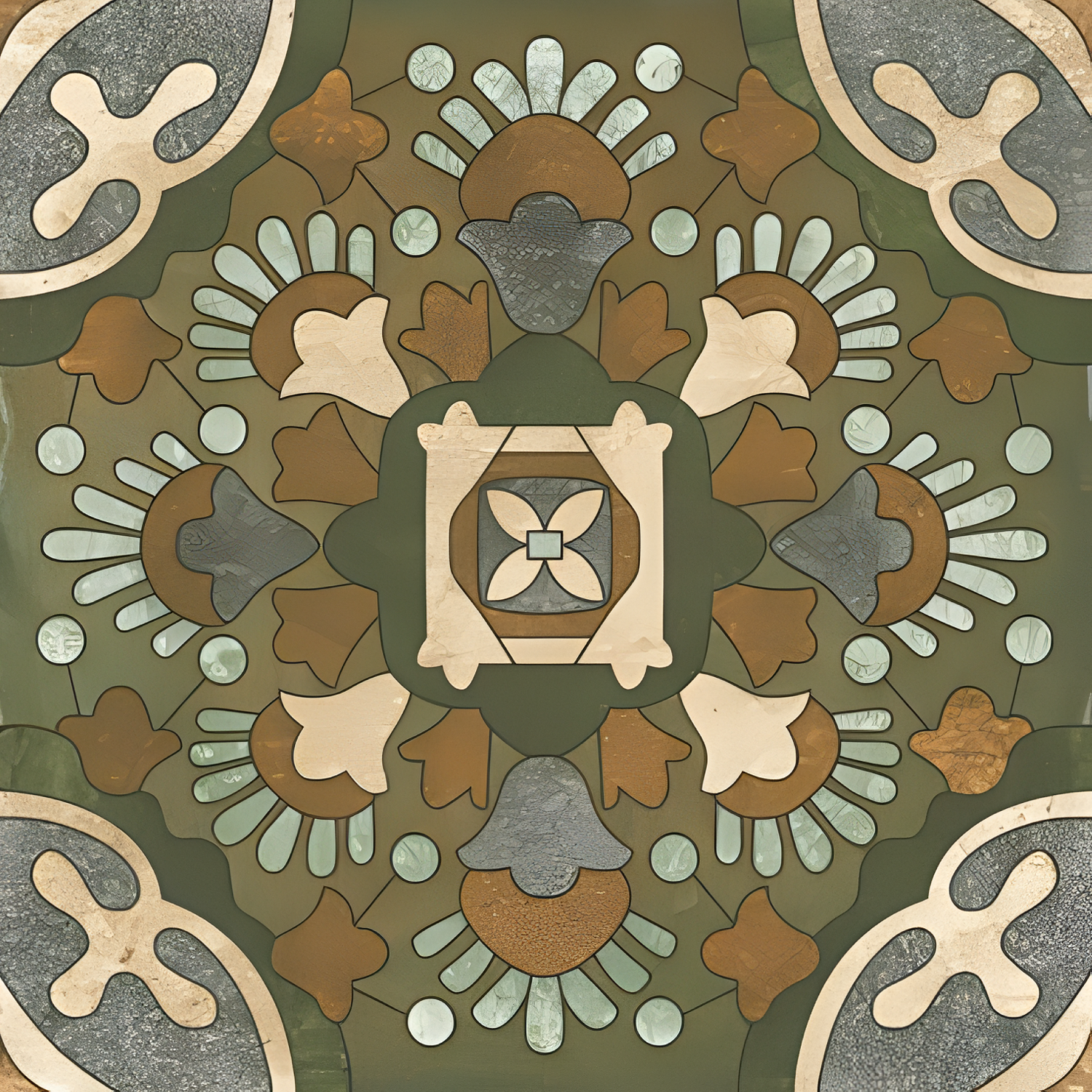 1630 Moroccan Vitrified Tile – 16x16 Inch floor tile with traditional Moroccan geometric and floral patterns in warm, earthy tones, perfect for stylish and durable flooring.