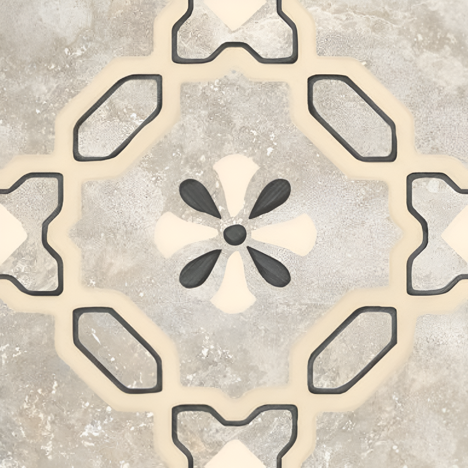 1656 Moroccan Vitrified Tile – 16x16 Inch floor tile featuring intricate Moroccan geometric and floral patterns in neutral tones, ideal for stylish and durable flooring.