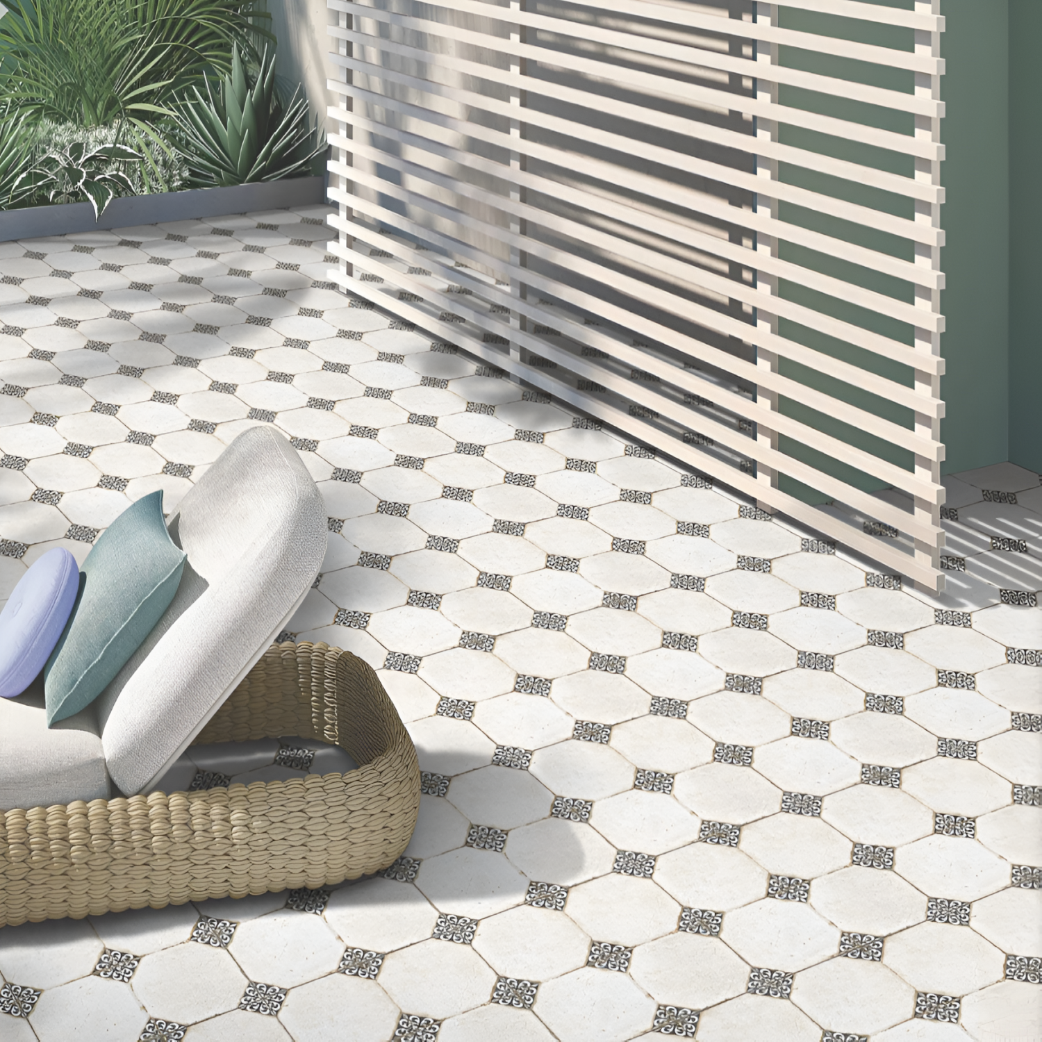 1661 Moroccan Vitrified Tile – 16x16 Inch tile with classic Moroccan-inspired geometric and floral motifs in bold, contrasting tones, ideal for walls and flooring.