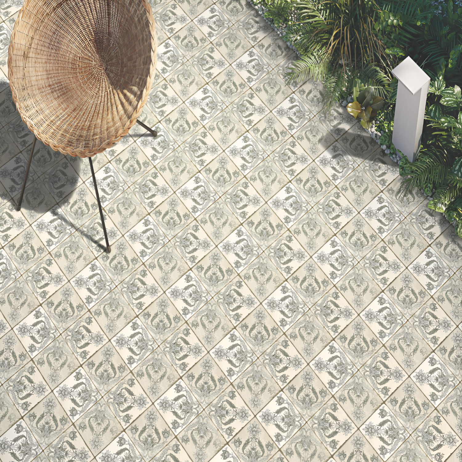 1672 Moroccan Vitrified Tile – 16x16 inch vitrified tile with classic Moroccan patterns in muted blue and beige tones, featuring intricate geometric and floral detailing.