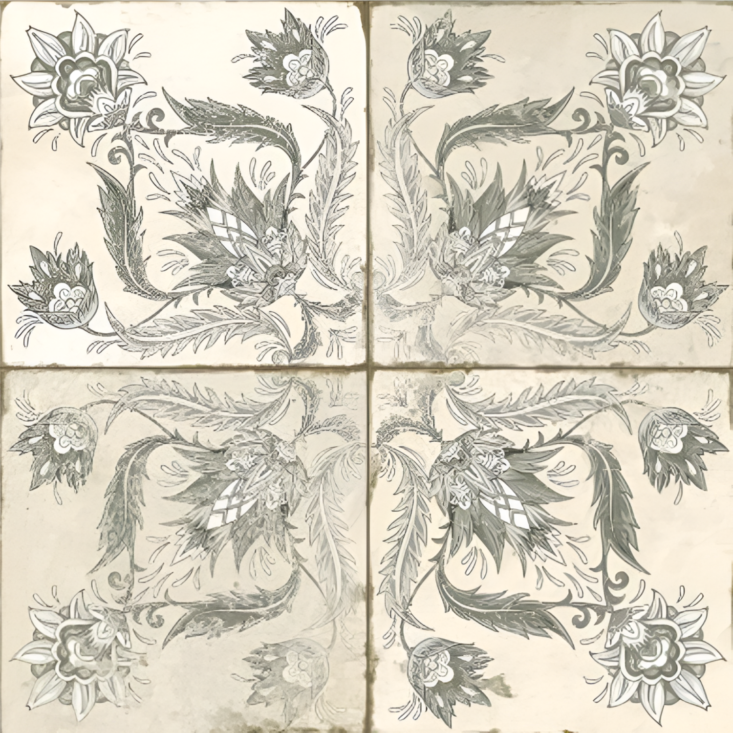 1672 Moroccan Vitrified Tile – 16x16 inch vitrified tile with classic Moroccan patterns in muted blue and beige tones, featuring intricate geometric and floral detailing.