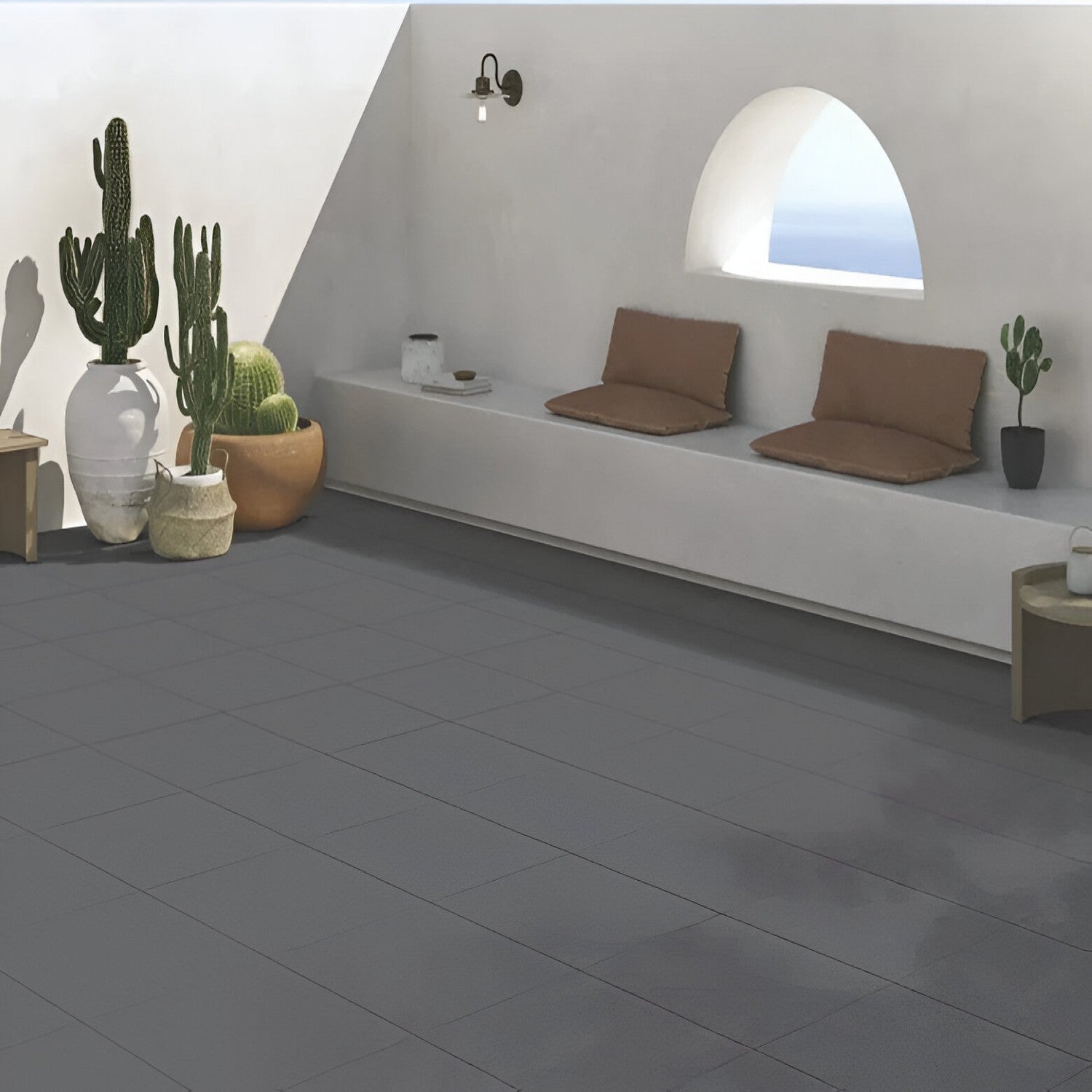 1673 Plain Vitrified Tile 16x16 Inch, featuring a smooth, polished surface in neutral tones, perfect for sleek, durable, and easy-to-maintain flooring or wall applications.
