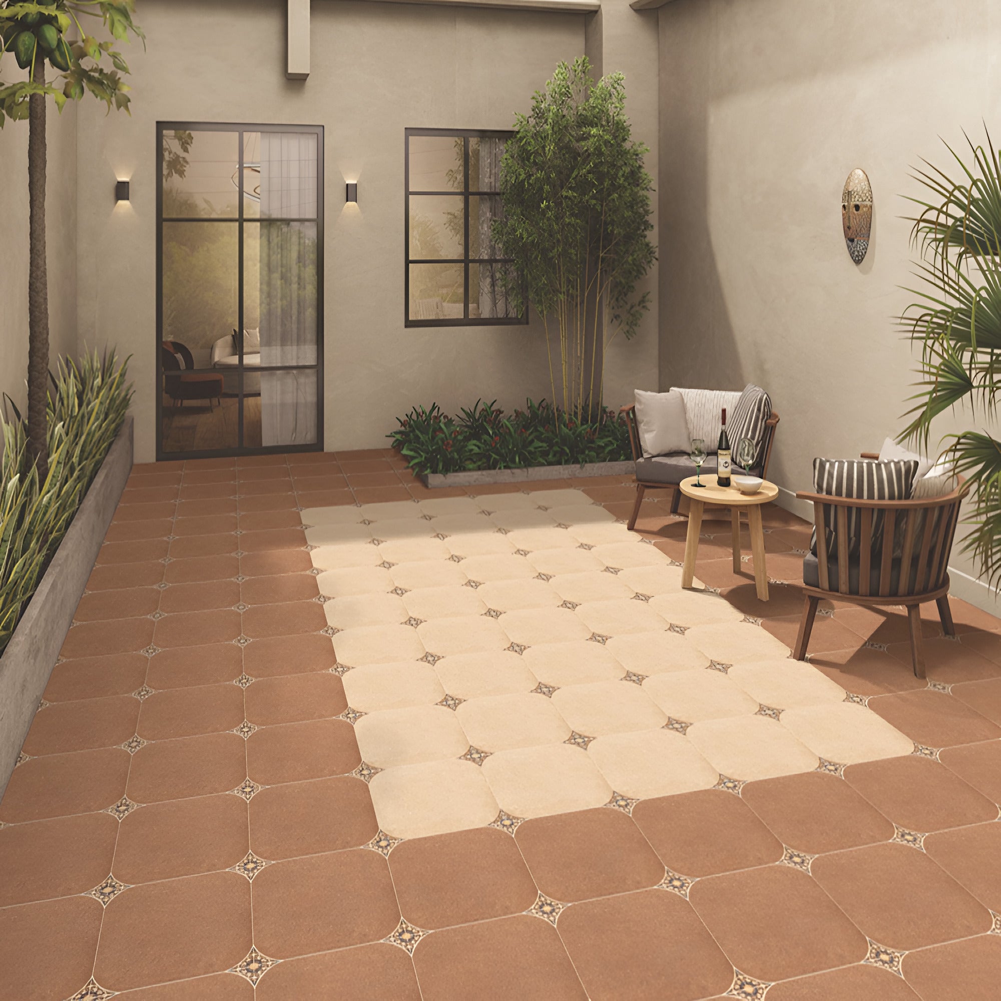 1681 Moroccan vitrified floor tile in 16×16 inch size featuring detailed printed Moroccan and Rangoli inspired patterns with a smooth matt finish, designed for elegant and durable interior flooring applications.