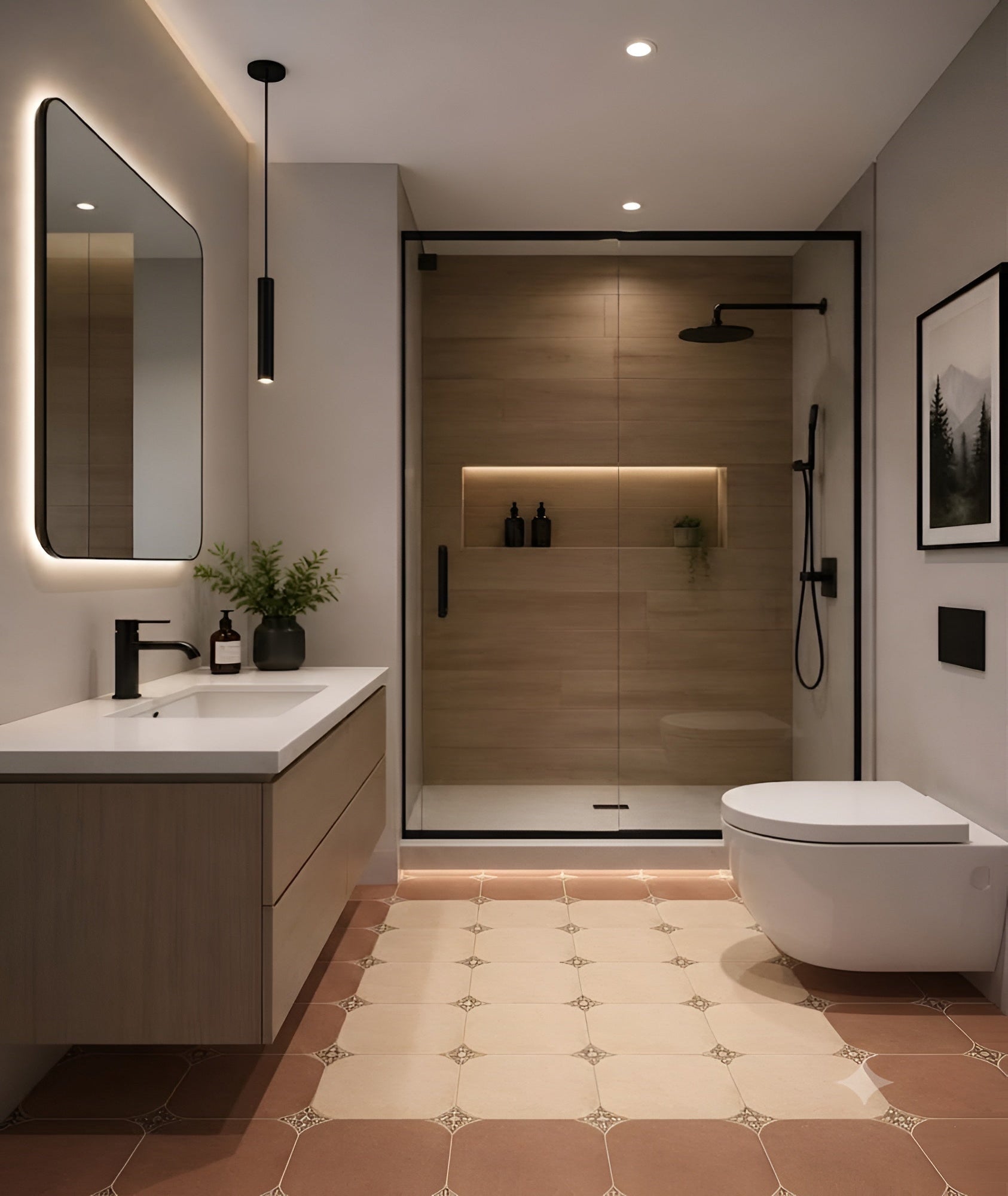 1682 Moroccan vitrified bathroom floor tile in 16 x 16 inch size featuring intricate Moroccan-inspired printed rangoli patterns with a matt finish, designed for durable residential bathroom flooring, offering decorative appeal, moisture resistance, easy maintenance, and a sophisticated handcrafted aesthetic.