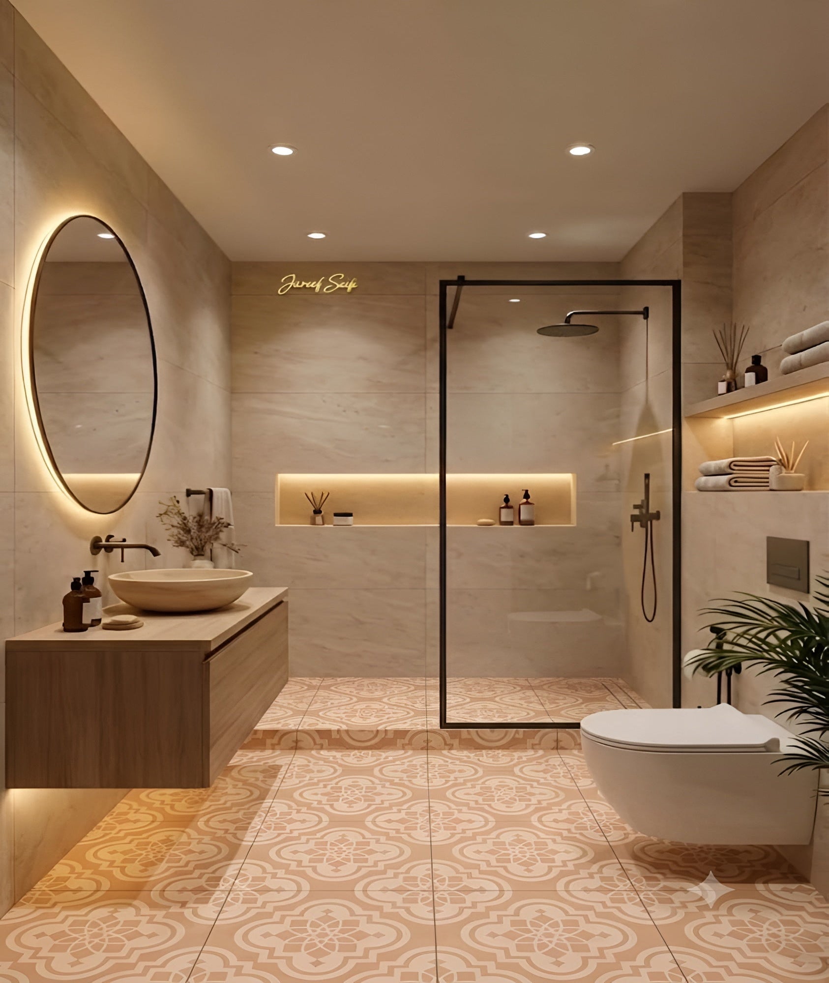 1683 Moroccan Vitrified Tile 16 x 16 Inch (B) featuring a decorative Moroccan and rangoli-inspired printed pattern with a matt finish, crafted from durable vitrified material for bathroom floor applications. The tile showcases intricate geometric detailing and ornamental motifs, making it ideal for creating elegant, stylish, and long-lasting bathroom flooring without compromising on durability or easy maintenance.