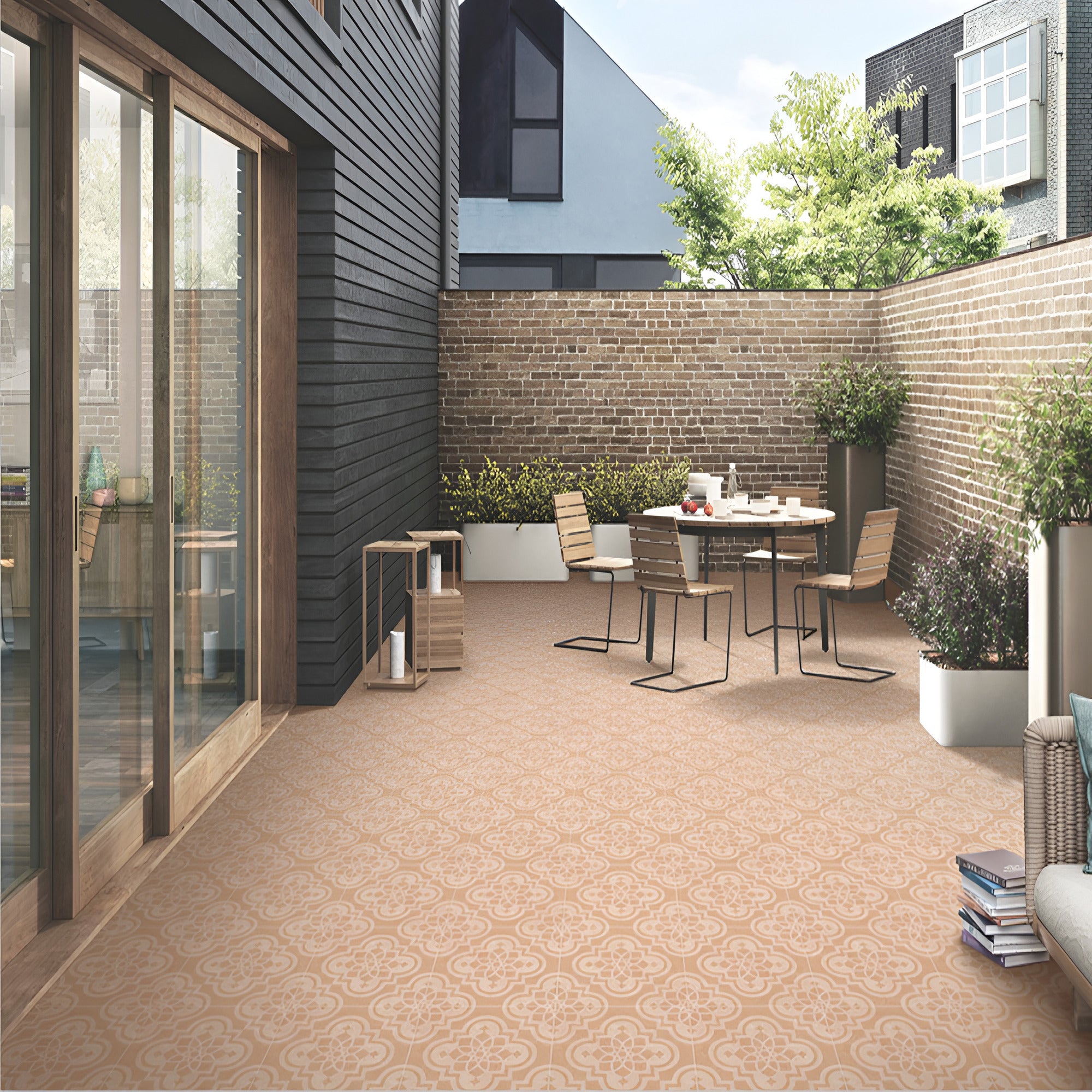 1683 Moroccan vitrified floor tile in 16x16 inch size featuring elegant printed rangoli-inspired patterns with a smooth matt finish, designed to enhance interior flooring with rich Moroccan-style detailing and long-lasting durability.