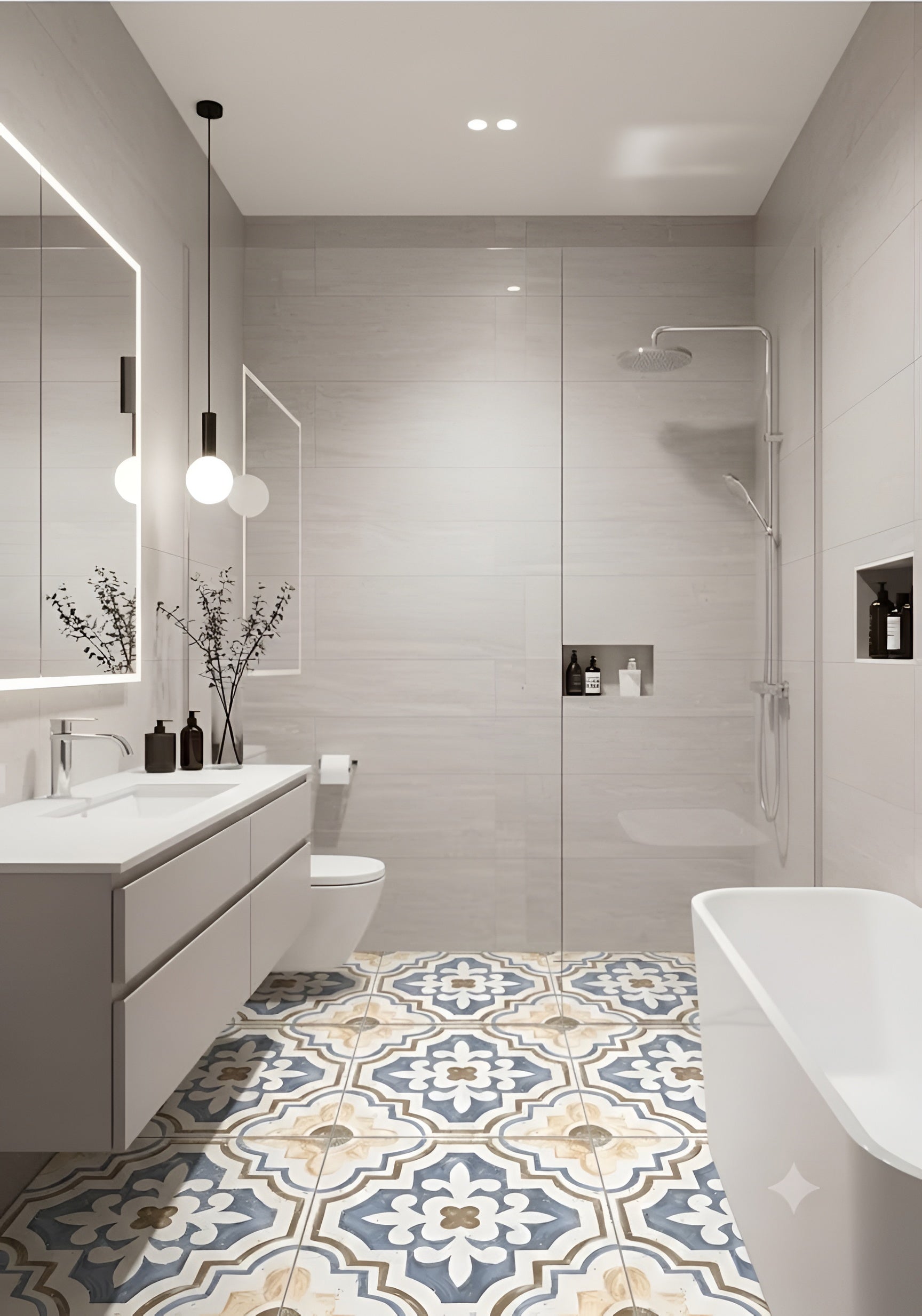 1684 Moroccan vitrified bathroom floor tile in 16 x 16 inch size featuring intricate printed Moroccan and Rangoli-inspired geometric patterns with a matt finish, designed for durable bathroom flooring, moisture resistance, low maintenance, and long-lasting decorative appeal.