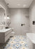 1684 Moroccan vitrified bathroom floor tile in 16 x 16 inch size featuring intricate printed Moroccan and Rangoli-inspired geometric patterns with a matt finish, designed for durable bathroom flooring, moisture resistance, low maintenance, and long-lasting decorative appeal.