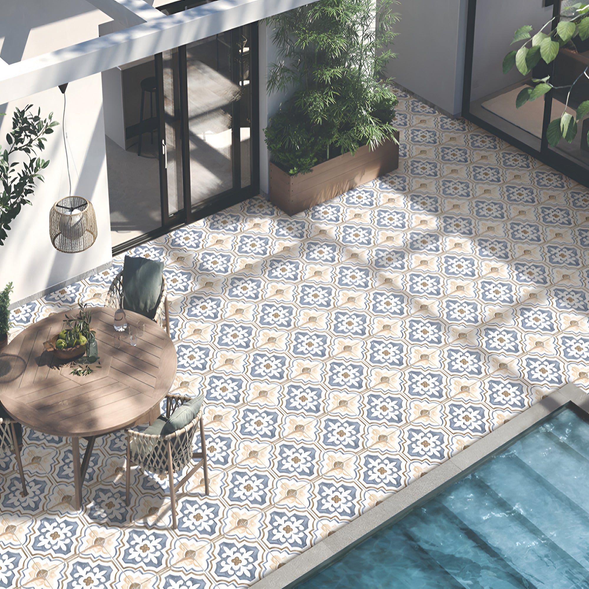 1684 Moroccan vitrified floor tile in 16×16 inch size featuring an elegant printed Rangoli-inspired Moroccan pattern with a smooth matt finish, designed to enhance interior flooring with a rich artistic look and durable surface suitable for daily use.