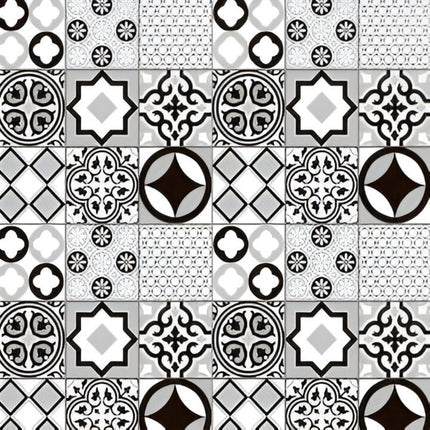 1901 Moroccan Tile – 24x24 inch vitrified tile featuring a monochrome patchwork of traditional Moroccan motifs in black, white, and grey tones for a vintage-inspired aesthetic.