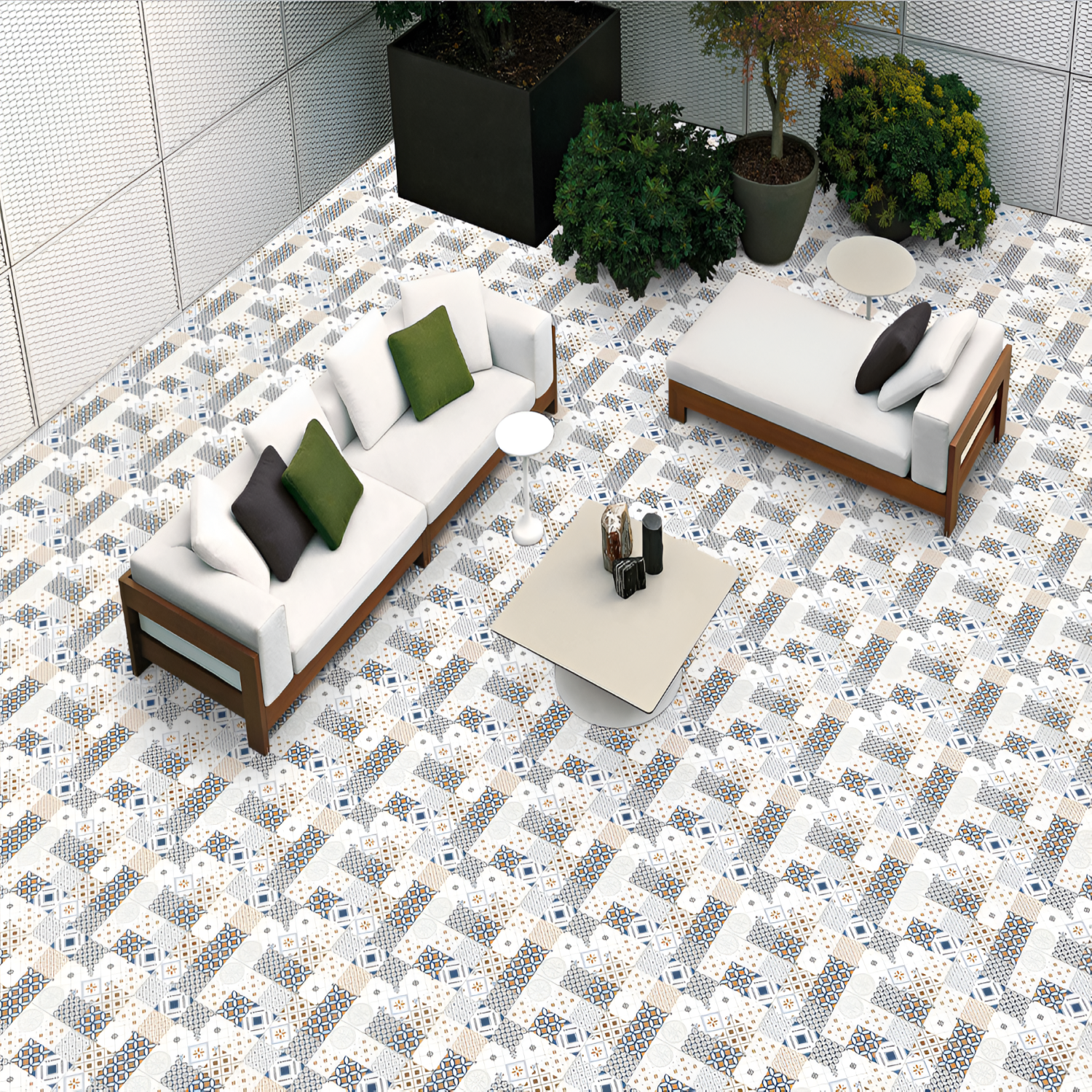 M-190 Moroccan Vitrified Tile – 16x16 inch vitrified tile featuring elegant Moroccan-style floral and geometric patterns in muted blue and beige tones.