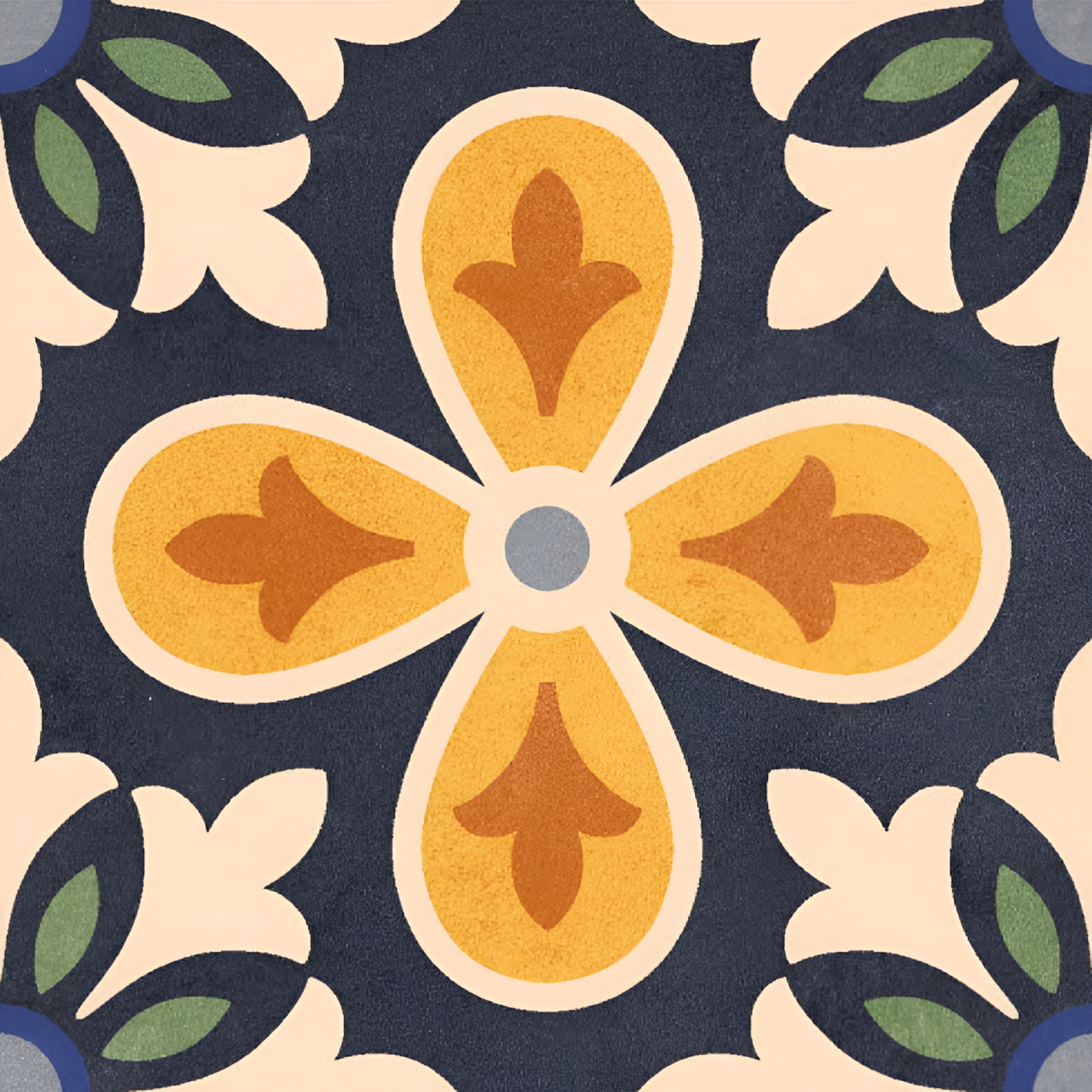  20006-A Moroccan Vitrified Matt Tile 8x8 inch featuring a bold floral motif with mustard yellow and burnt orange petals on a navy blue background with cream and green accents.