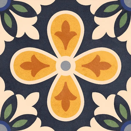  20006-A Moroccan Vitrified Matt Tile 8x8 inch featuring a bold floral motif with mustard yellow and burnt orange petals on a navy blue background with cream and green accents.