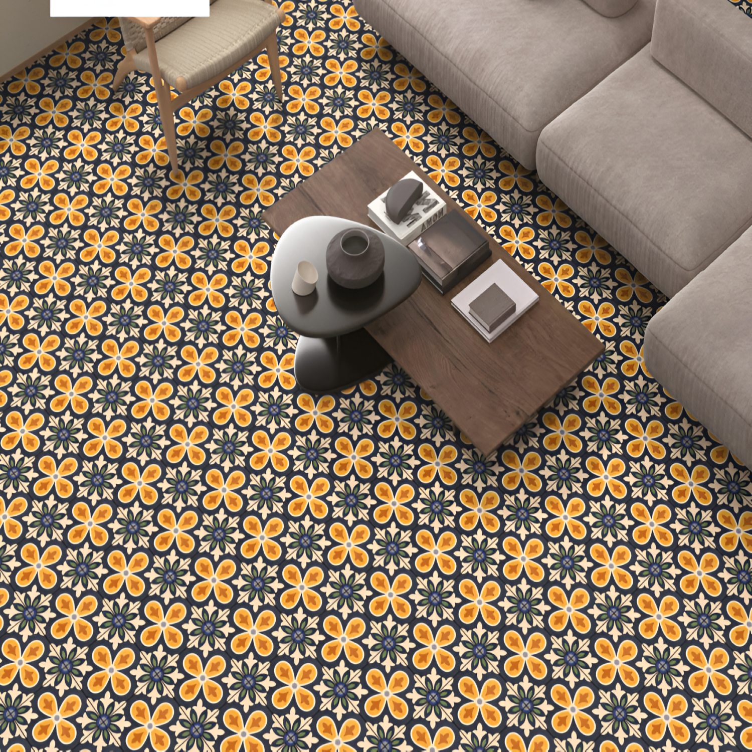  20006-A Moroccan Vitrified Matt Tile 8x8 inch featuring a bold floral motif with mustard yellow and burnt orange petals on a navy blue background with cream and green accents.