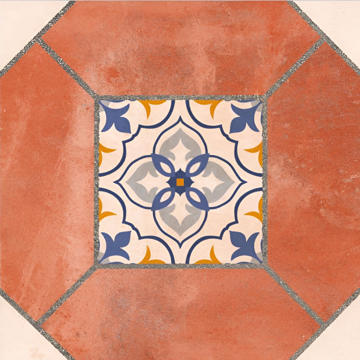 20040 Decor-2 Moroccan Vitrified Matt Tile 8x8 inch with terracotta red base, featuring colorful blue, white, and yellow traditional motifs, laid in a dining café setting.