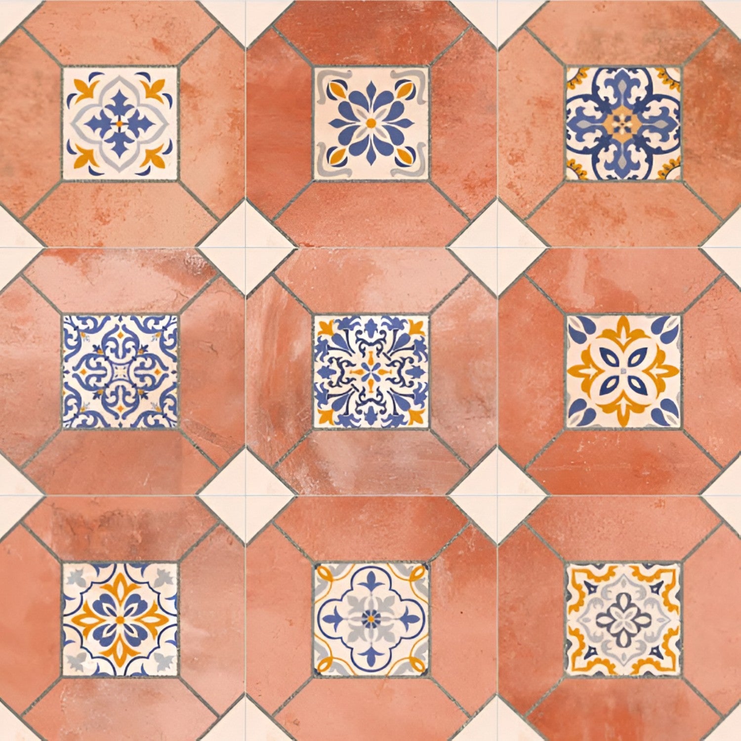 20040 Decor-2 Moroccan Vitrified Matt Tile 8x8 inch with terracotta red base, featuring colorful blue, white, and yellow traditional motifs, laid in a dining café setting.
