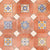 20040 Decor-2 Moroccan Vitrified Matt Tile 8x8 inch with terracotta red base, featuring colorful blue, white, and yellow traditional motifs, laid in a dining café setting.