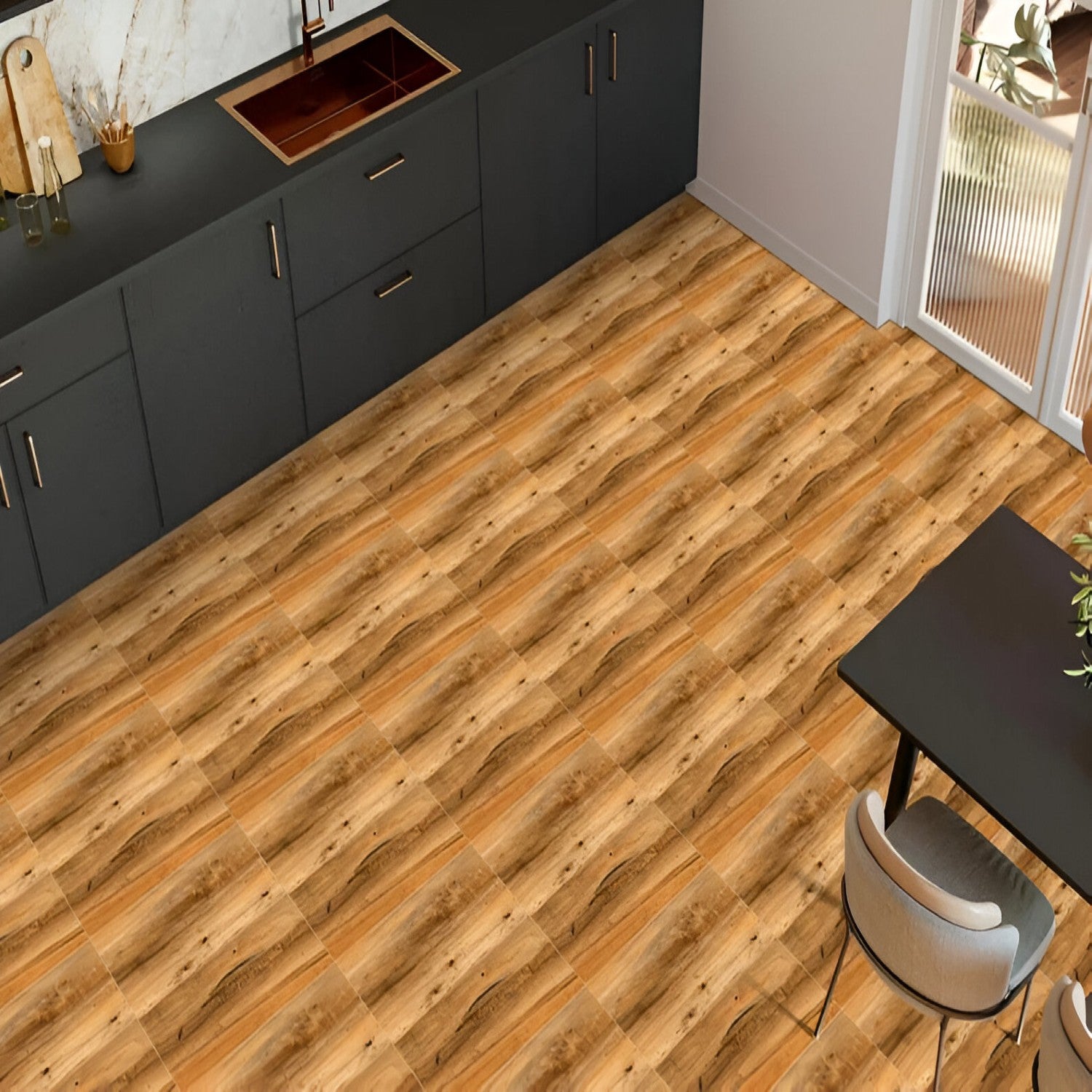20041 Wooden Ceramic Tile 24x24 Inch, featuring natural wood-like patterns with warm brown tones, ideal for creating a rustic and durable flooring or wall finish.
