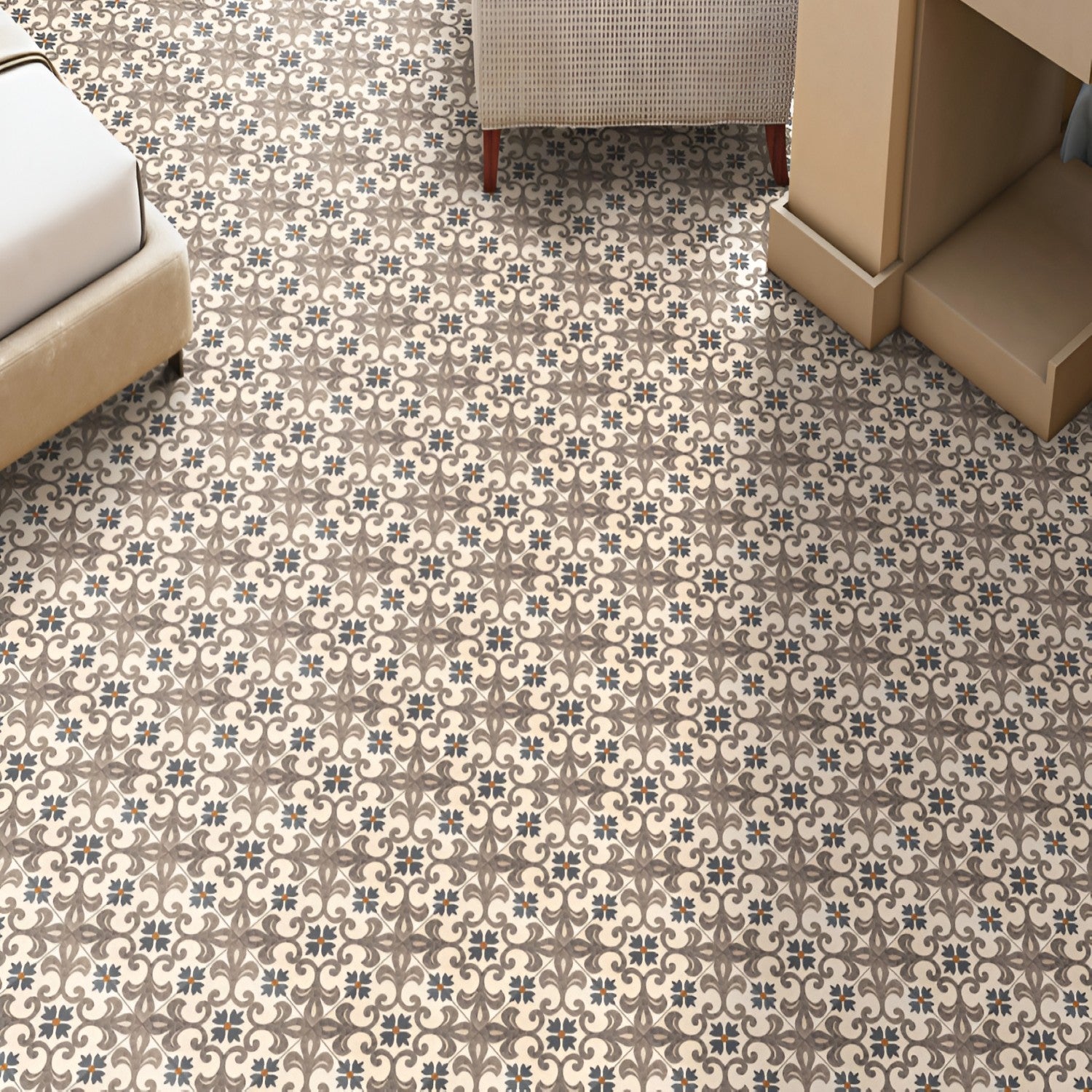 20051 Moroccan Vitrified Matt Tile – 8x8 inch tile shown in a room setting, featuring intricate brown and black floral motifs on a beige background, creating a warm and elegant vintage-style floor pattern.