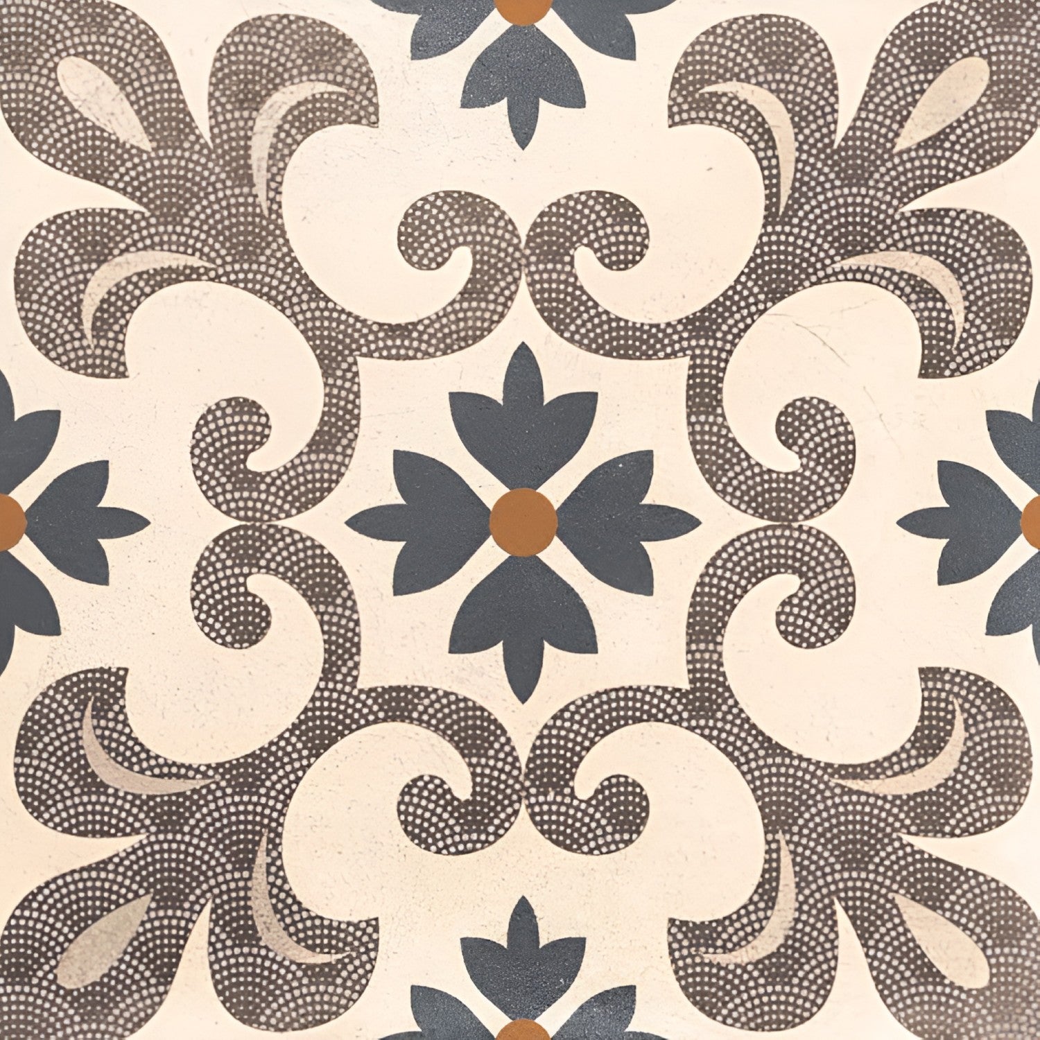 20051 Moroccan Vitrified Matt Tile – 8x8 inch tile shown in a room setting, featuring intricate brown and black floral motifs on a beige background, creating a warm and elegant vintage-style floor pattern.