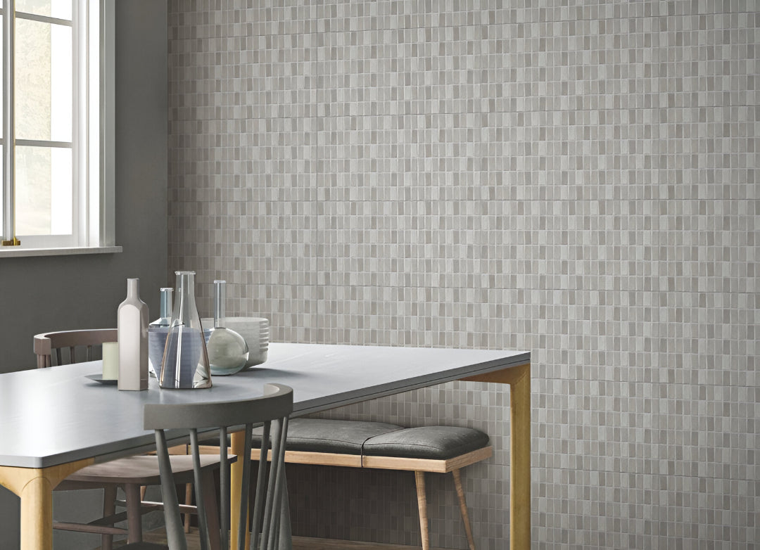 227 MN Grey Ceramic Tile 12x24 inch with a glossy finish, ideal for modern wall interiors in kitchens and bathrooms.

