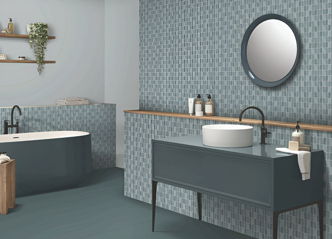 228 MN Aqua Ceramic Tile 12x24 inch with glossy surface, ideal for refreshing wall designs in bathrooms and kitchens.

