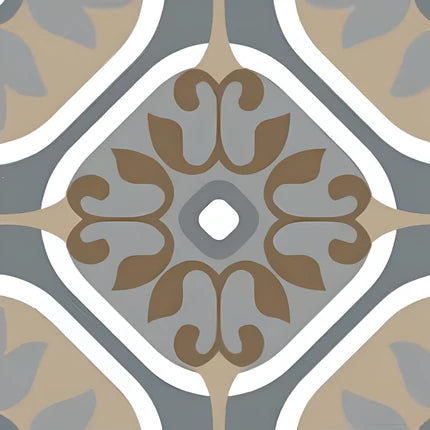 303001 Moroccan Vitrified Tile – 12×12 inch matte vitrified tile in beige‑brown tones, printed with traditional Moroccan‑rangoli geometric and floral motifs; durable and suitable for floor or wall installation.