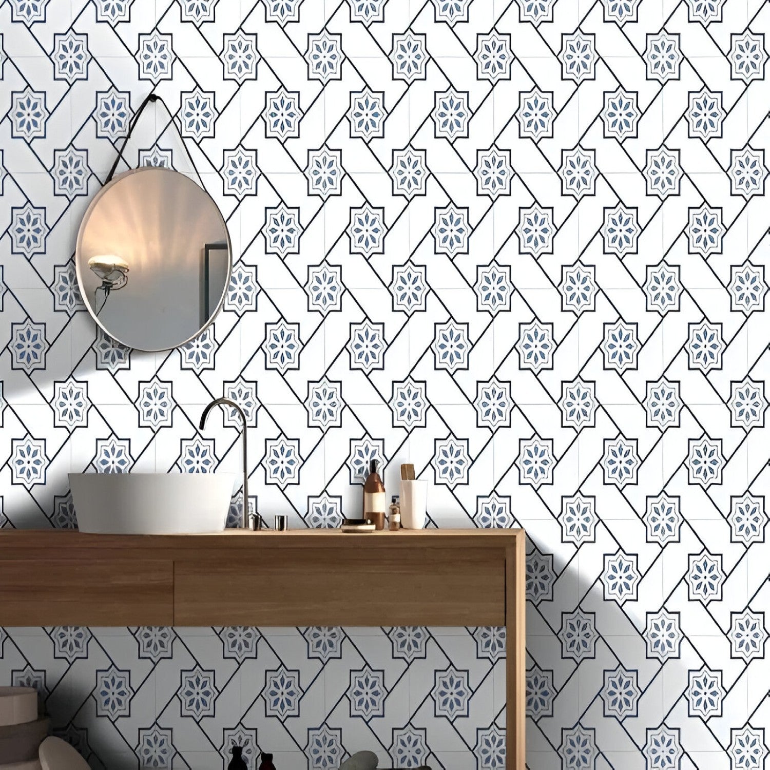 303003 Moroccan Vitrified Tile – 12×12 inch matte vitrified tile in blue and white tones with a printed Moroccan-rangoli geometric star-and-cross motif, designed for durable floor and wall applications.