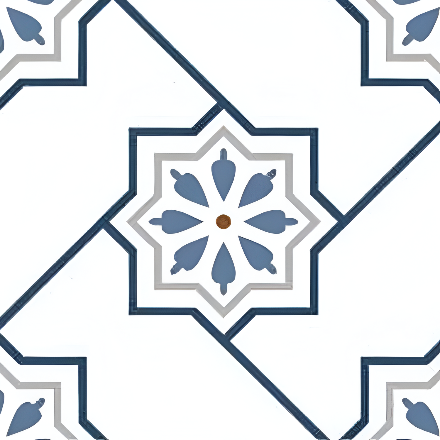 303003 Moroccan Vitrified Tile – 12×12 inch matte vitrified tile in blue and white tones with a printed Moroccan-rangoli geometric star-and-cross motif, designed for durable floor and wall applications.