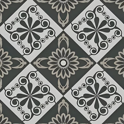 303006 Moroccan Vitrified Tile – 12×12 inch matt vitrified tile featuring a soft cream background with intricate printed Moroccan geometric and floral rangoli patterns in beige tones, ideal for classy wall and floor installations.