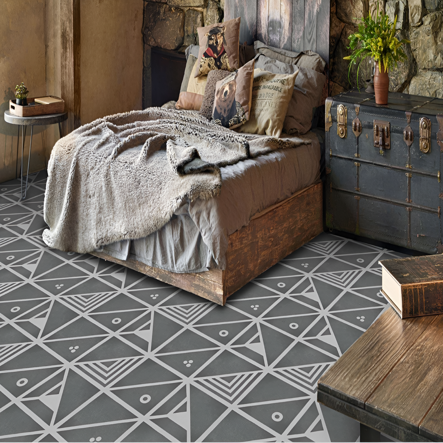 303009 Moroccan Vitrified Tile – 12×12 inch matt vitrified tile featuring a crisp white base with bold black Moroccan-rangoli geometric motifs, perfect for striking wall and floor installations.