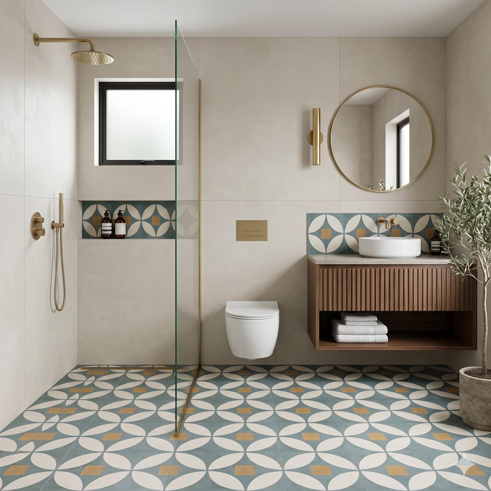 Modern bathroom with shower, toilet, and vanity area and green color moroccan/printed geometric tile