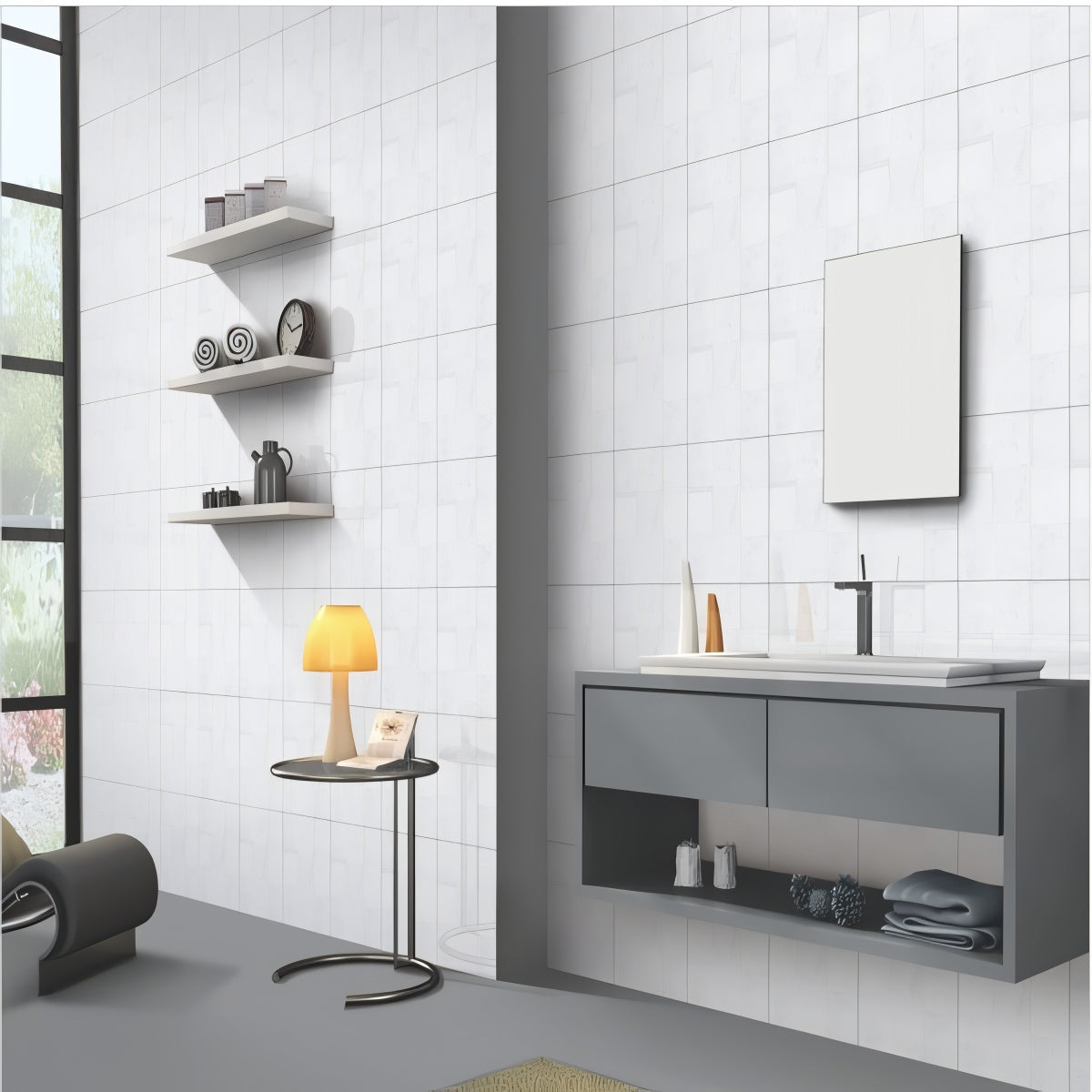 305 MN Tile 12x12 Inch – Matte off-white ceramic wall tile with subtle stone texture for minimalist interiors.
