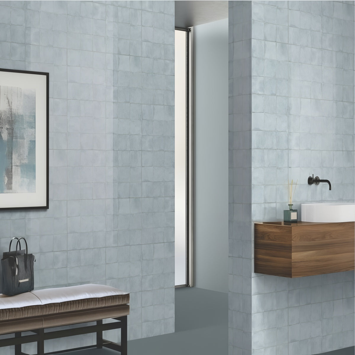 306 MN Tile 12x12 Inch – Sky blue matte ceramic tile with soft cloudy texture for calm and airy wall designs.
