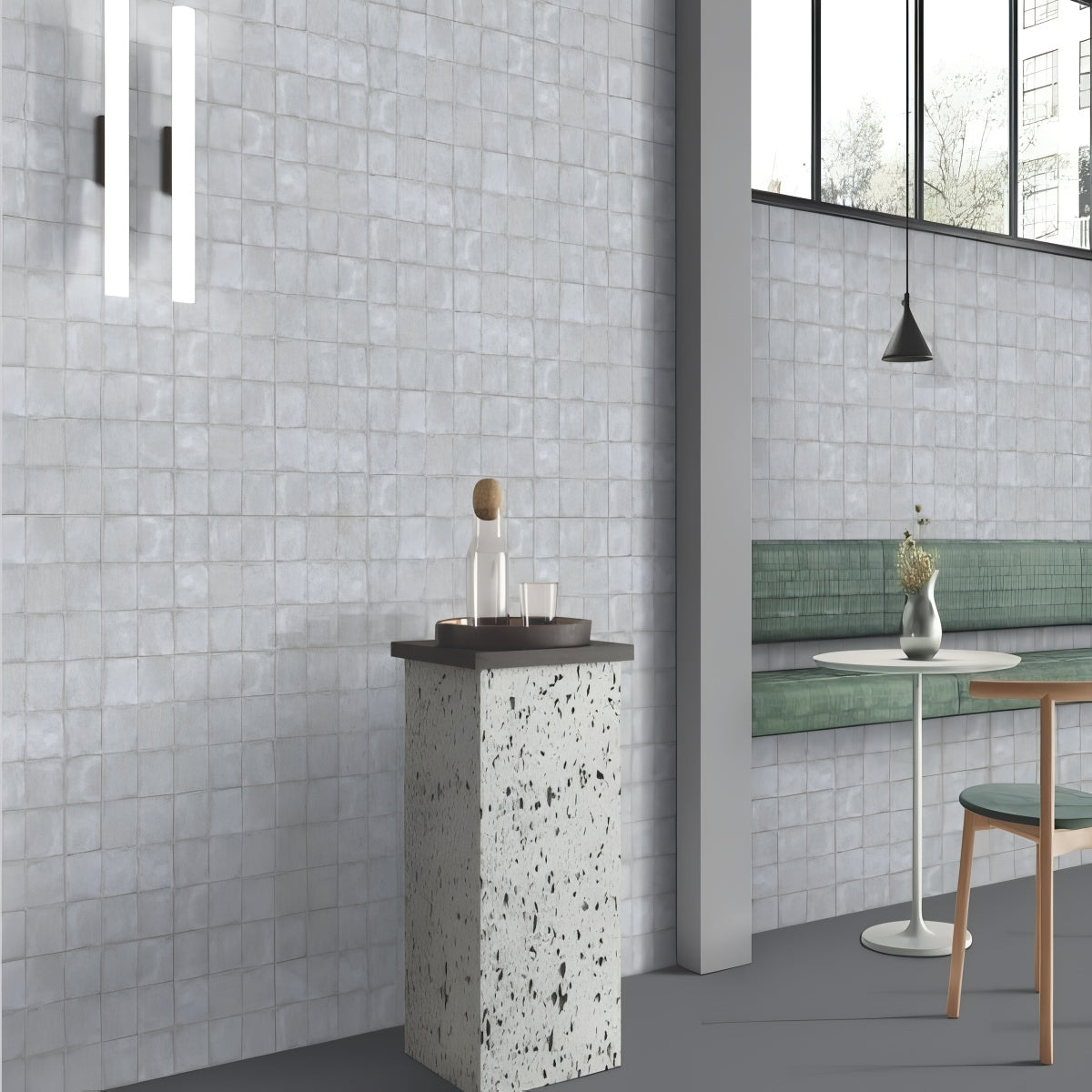 307 MN Tile 12x12 Inch – Light grey ceramic wall tile with cloudy matte texture for modern minimalist spaces.

