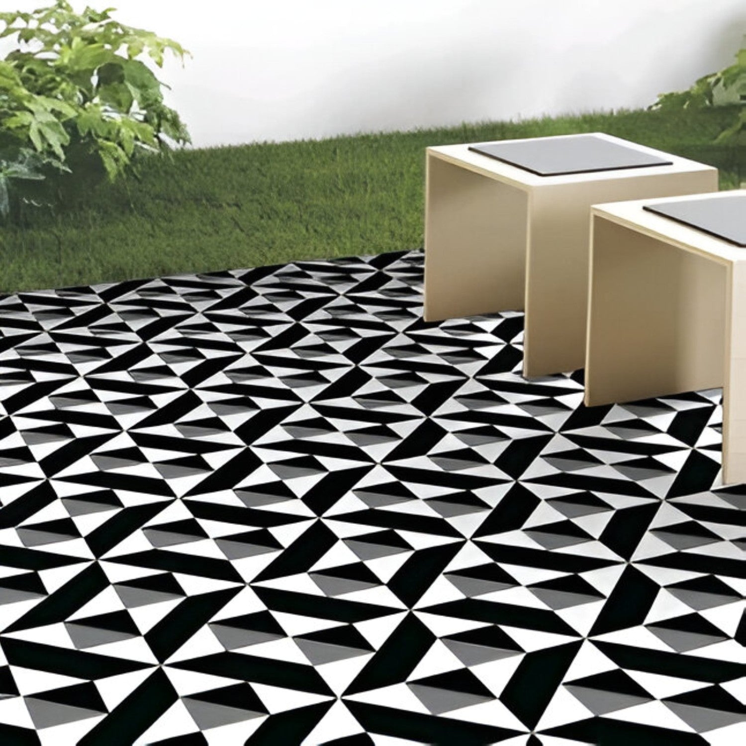 3092 Moroccan Ceramic Tile – 24x24 inch tile featuring black and white Moroccan patterns with symmetrical floral and geometric designs, ideal for striking interior decor.