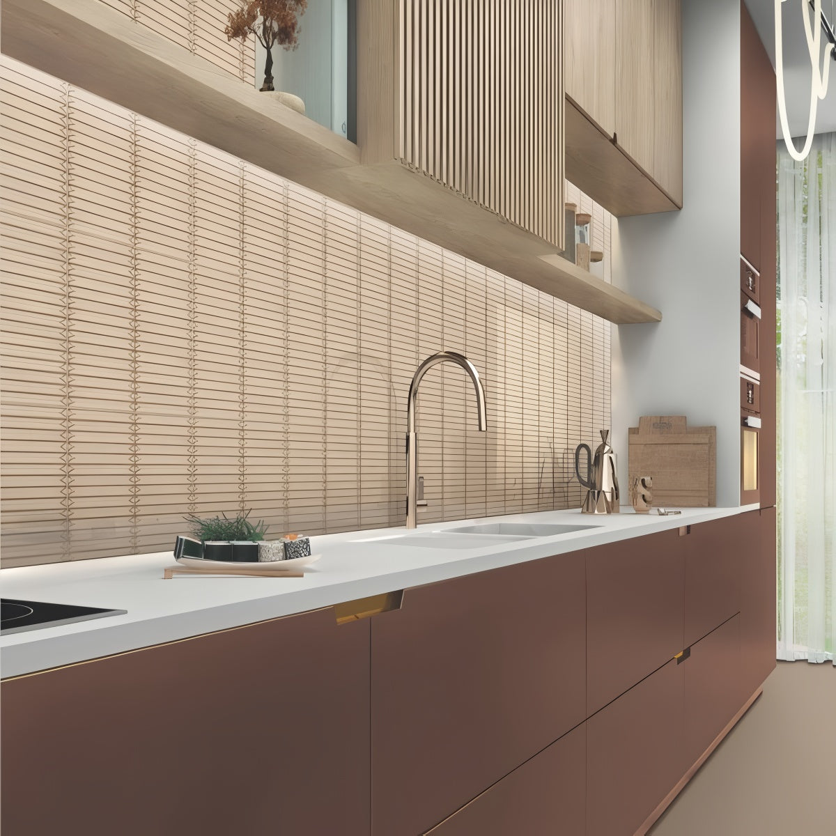 310 MN Tile 12x12 Inch – Beige matte textured wall tile with vertical ribbed design.

