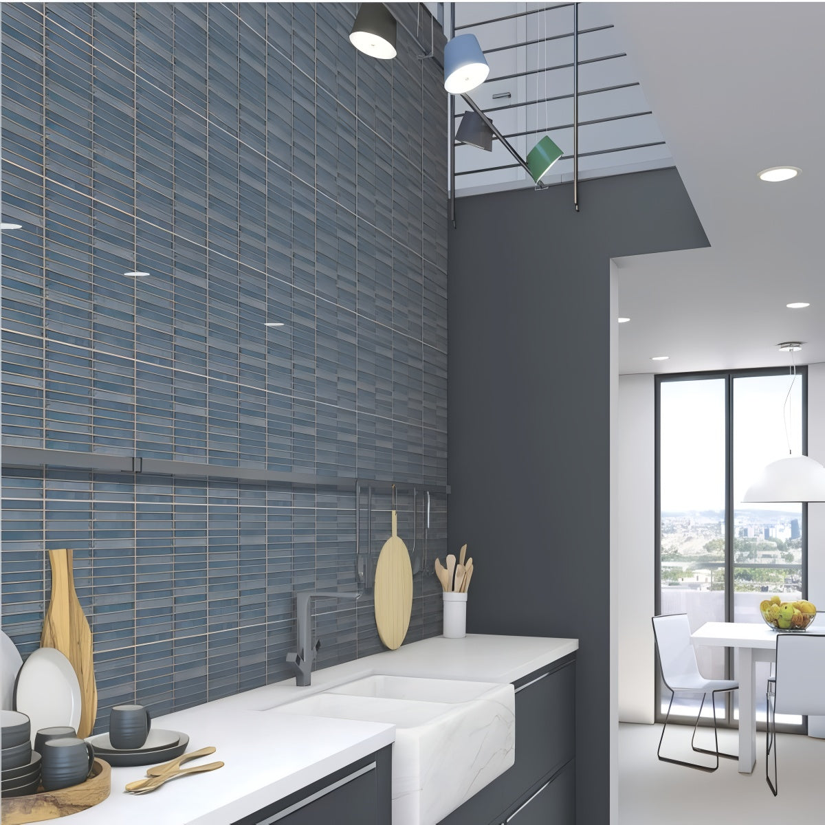 311 MN Tile 12x12 Inch – Deep blue matte wall tile with ribbed vertical texture for bold and modern interiors.
