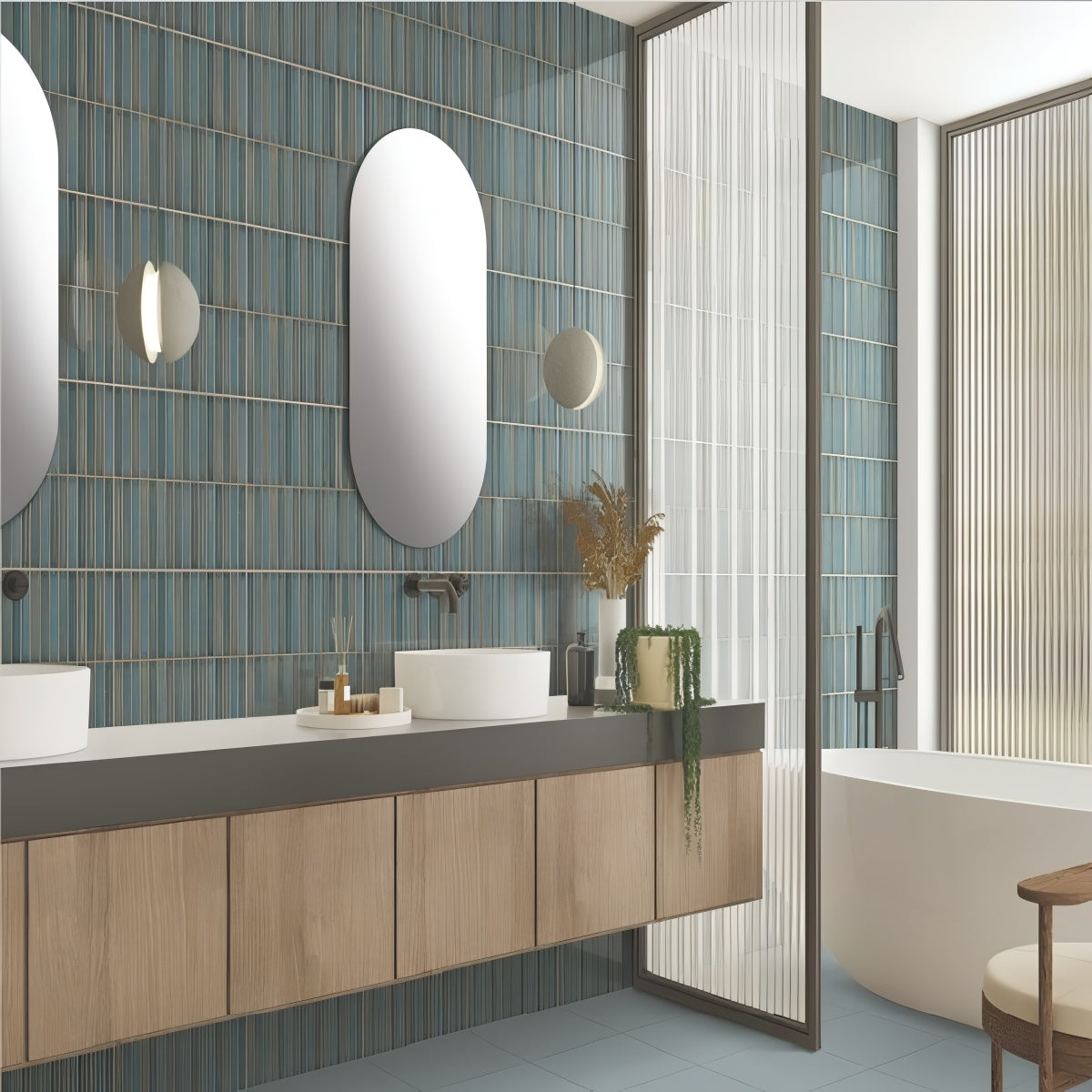 313 MN Tile 12x12 Inch – Ocean blue matte wall tile with ribbed vertical texture for modern and coastal interiors.

