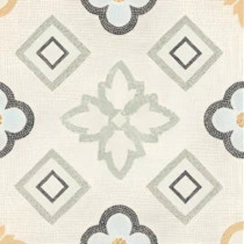 Beige Moroccan vitrified tile with detailed printed rangoli design in a 12 inch by 12 inch square format, featuring a smooth matt finish suitable for elegant wall and floor applications in modern and traditional interiors.