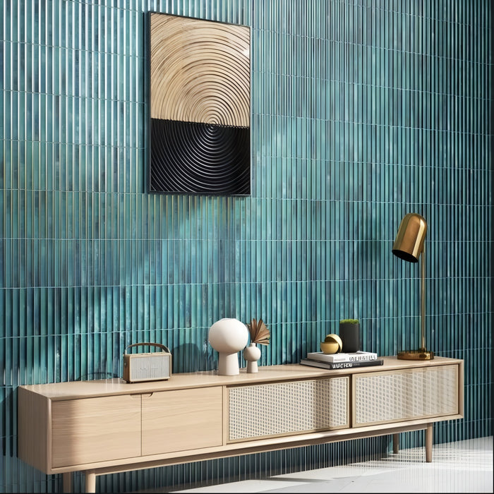Emerald Reed Textured Forest Green Fluted Subway Living Room Feature Wall