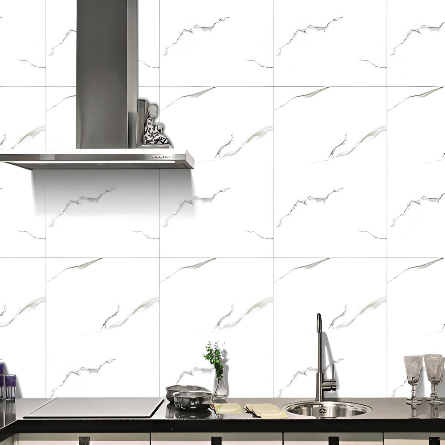 50104 Marble Ceramic Tile 24x24 Inch, featuring classic white marble tones with soft gray veining, perfect for elegant and long-lasting flooring or wall applications.
