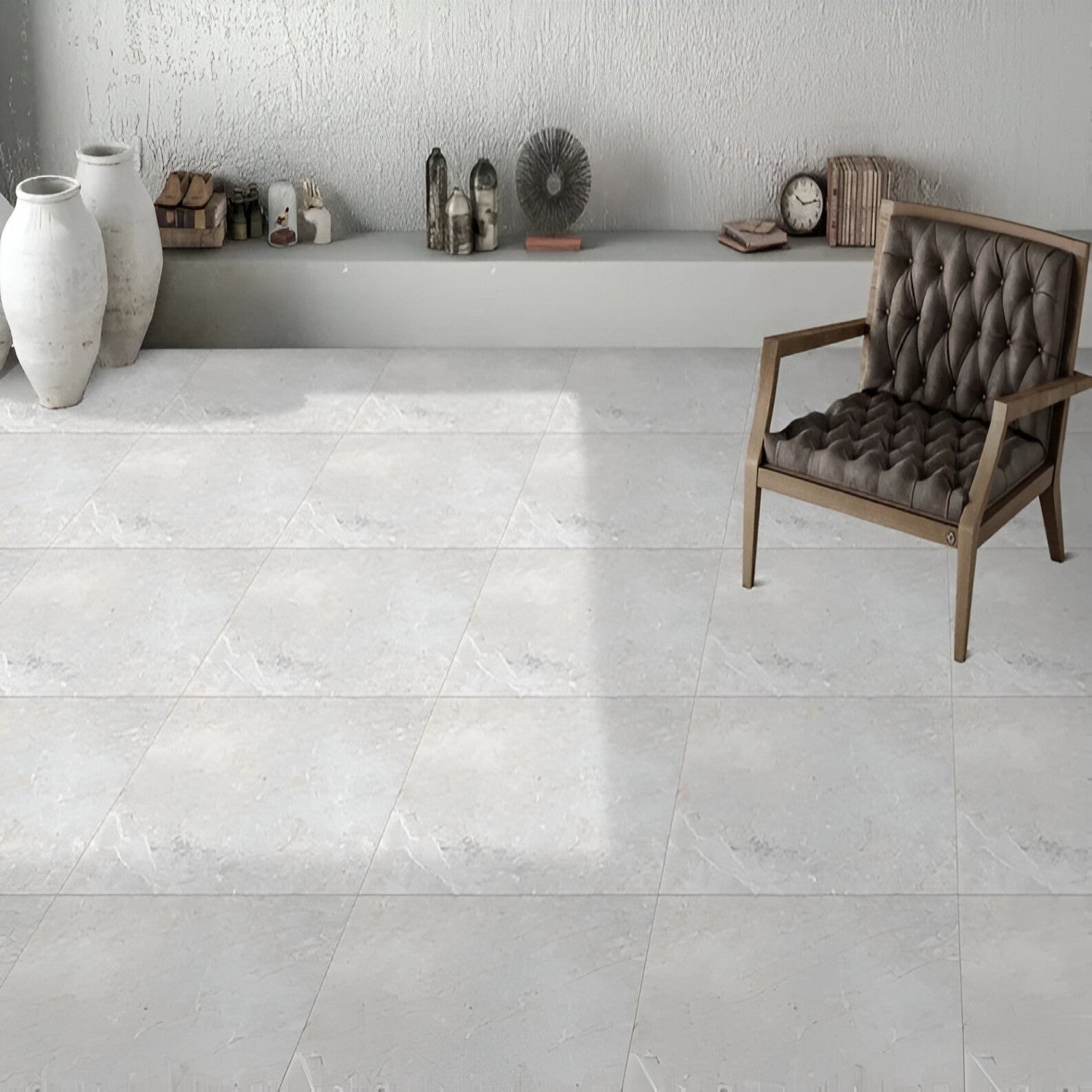 50144 Marble Ceramic Tile 24x24 Inch, featuring refined white marble patterns with delicate gray veining, ideal for stylish and durable flooring or wall applications.
